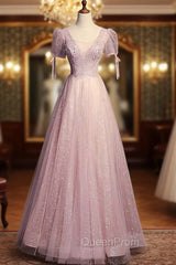 A-line Pink Tulle Sequins Short Sleeve Beading Evening Prom Dresses