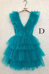 A Line Pink V Neck Tiered Homecoming Dresses,Tulle Short Evening Prom Party Dresses