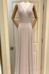 A-Line Pleated Chiffon V-Neck Long Bridesmaid Dresses