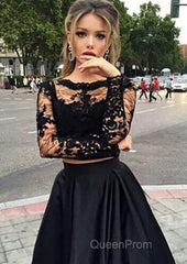 A-Line/Princess Full/Long Sleeve Bateau Long/Floor-Length Satin Evening Prom Dresses With Appliqued