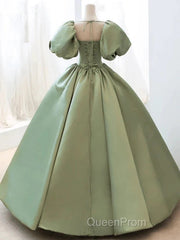 A-Line Princess Green Satin Puffy Sleeves Long Formal Dresses Satin Evening Prom Dresses Party Dresses