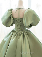 A-Line Princess Green Satin Puffy Sleeves Long Formal Dresses Satin Evening Prom Dresses Party Dresses
