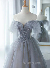 A-Line Princess Grey Beaded Layers Glitter Tulle Long Formal Dresses Off Shoulder Evening Prom Dresses