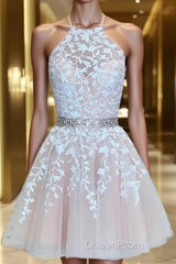 A-Line/Princess Halter Short/Mini Tulle Homecoming Dresses With Appliques Lace