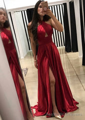 A-line/Princess Halter Sleeveless Sweep Train Charmeuse Prom Dresses With Split