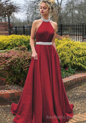A-line/Princess High-Neck Sleeveless Sweep Train Satin Prom Dresses With Waistband Beading