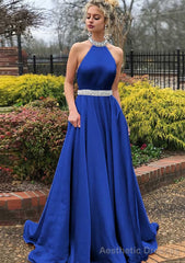 A-line/Princess High-Neck Sleeveless Sweep Train Satin Prom Dresses With Waistband Beading