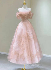 A-Line Princess Lovely Pink Tea Length Straps Tulle Formal Dresses Evening Prom Dresses