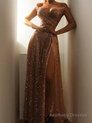 A-Line/Princess Off-the-Shoulder Floor-Length Sequins Prom Dresses With Leg Slit