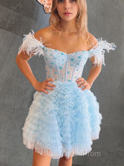 A-line/Princess Off-the-Shoulder Knee-Length Tulle Homecoming Dresses with Cascading Ruffles