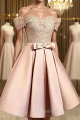 A-Line/Princess Off-the-Shoulder Short/Mini Satin Homecoming Dresses With Bow