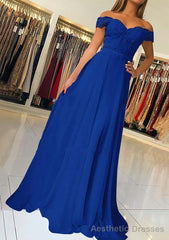 A-line/Princess Off-the-Shoulder Short Sleeve Sweep Train Chiffon Prom Dresses With Beading Appliqued