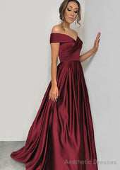 A-line/Princess Off-the-Shoulder Sleeveless Sweep Train Satin Prom Dresses With Pleated