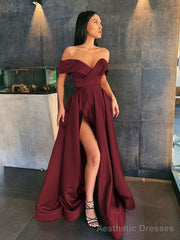 A-Line/Princess Off-the-Shoulder Sweep Train Satin Prom Dresses With Leg Slit