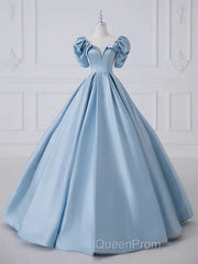 A-Line Princess Satin Blue Long Evening Prom Dresses Quinceanera Dresses Elegant Evening Dresses