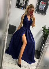 A-line/Princess Scalloped Neck Sleeveless Long/Floor-Length Elastic Satin Prom Dresses With Lace Split