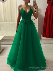 A-Line/Princess Spaghetti Straps Floor-Length Tulle Prom Dresses With Appliques Lace