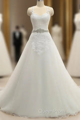 A-Line/Princess Spaghetti Straps Sleeveless Applique With Belt Tulle Floor-Length Wedding Dresses