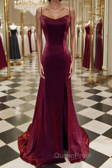 A-Line/Princess Spaghetti Straps Sweep Train Velvet Evening Prom Dresses With Leg Slit