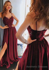 A-line/Princess Sweetheart Sleeveless Long/Floor-Length Charmeuse Prom Dresses With Split Lace