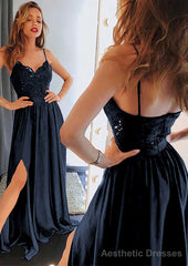 A-line/Princess Sweetheart Sleeveless Long/Floor-Length Charmeuse Prom Dresses With Split Lace