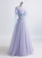 A-Line/Princess Tulle Jewel Floor-Length Evening Prom Dresses With Beaded Lace Appliques