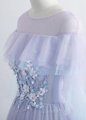 A-Line/Princess Tulle Jewel Floor-Length Evening Prom Dresses With Beaded Lace Appliques