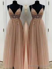 A-Line/Princess V-neck Floor-Length Tulle Prom Dresses With Beading
