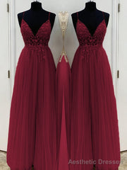 A-Line/Princess V-neck Floor-Length Tulle Prom Dresses With Beading