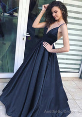 A-line/Princess V Neck Sleeveless Long/Floor-Length Satin Prom Dresses