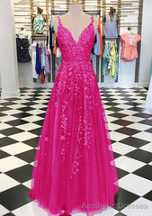 A-line/Princess V Neck Sleeveless Long/Floor-Length Tulle Prom Dresses With Appliqued