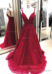A-line/Princess V Neck Sleeveless Sweep Train Tulle Prom Dresses With Appliqued
