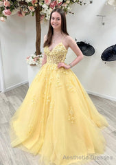 A-line Princess V Neck Sleeveless Sweep Train Tulle Prom Dresses With Appliqued Beading Lace
