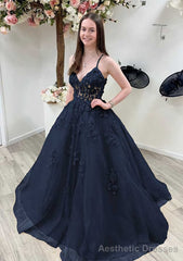 A-line Princess V Neck Sleeveless Sweep Train Tulle Prom Dresses With Appliqued Beading Lace