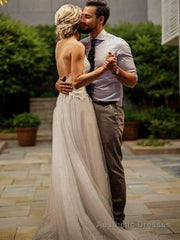 A-Line/Princess V-neck Sweep Train Tulle Wedding Dresses With Appliques Lace