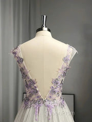 A-Line/Princess V-Neck Tulle Applique Sleeveless Floor-Length Evening Prom Dresses