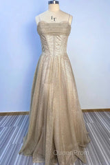 A-Line Evening Prom Dresses Corsets Dresses Wedding Party Sweep / Brush Train Sleeveless Spaghetti Strap Tulle With Glitter Pleats