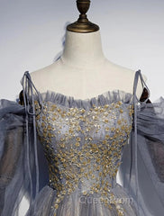 A-Line Evening Prom Dresses Dresses Wedding Floor Length Strap Tulle With Sequin Embroidery