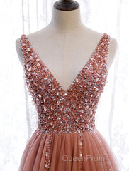 A-Line Evening Prom Dresses Elegant Dresses Party Wear Court Train Sleeveless V Neck Polyester With Pearls Embroidery