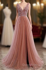 A-Line Evening Prom Dresses Elegant Dresses Party Wear Court Train Sleeveless V Neck Polyester With Pearls Embroidery