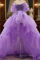 A-Line Evening Prom Dresses High Low Dresses Quinceanera Asymmetrical Purple Short Sleeve Off Shoulder Tulle With Tier