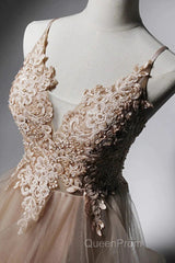 A-Line Evening Prom Dresses Open Back Dresses Formal Wedding Party Floor Length Sleeveless Spaghetti Strap Lace With Ruffles Appliques