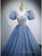 A-Line Evening Prom Dresses Puffy Dresses Quinceanera Floor Length Short Sleeve V Neck Tulle With Sequin
