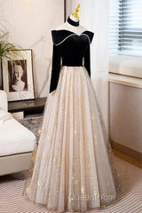 A-Line Evening Prom Dresses Sparkle & Shine Dresses Engagement Floor Length Long Sleeve Sweetheart Tulle With Sequin