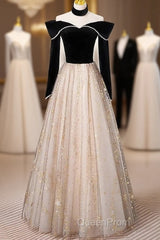 A-Line Evening Prom Dresses Sparkle & Shine Dresses Engagement Floor Length Long Sleeve Sweetheart Tulle With Sequin