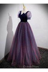 A-Line Evening Prom Dresses Sparkle & Shine Dresses Evening Prom Floor Length Short Sleeve Scoop Neck Tulle With Sequin