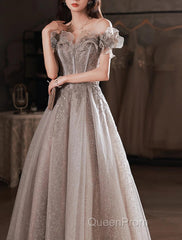 A-Line Evening Prom Dresses Sparkle & Shine Dresses Wedding Guest Evening Prom Floor Length Short Sleeve Off Shoulder Polyester With Sequin Ruffles
