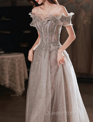 A-Line Evening Prom Dresses Sparkle & Shine Dresses Wedding Guest Evening Prom Floor Length Short Sleeve Off Shoulder Polyester With Sequin Ruffles