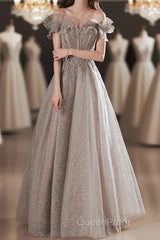 A-Line Evening Prom Dresses Sparkle & Shine Dresses Wedding Guest Evening Prom Floor Length Short Sleeve Off Shoulder Polyester With Sequin Ruffles