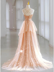 A-Line Evening Prom Dresses Sparkle & Shine Dresses Wedding Guest Sweet 16 Floor Length Sleeveless Sweetheart Tulle With Sequin